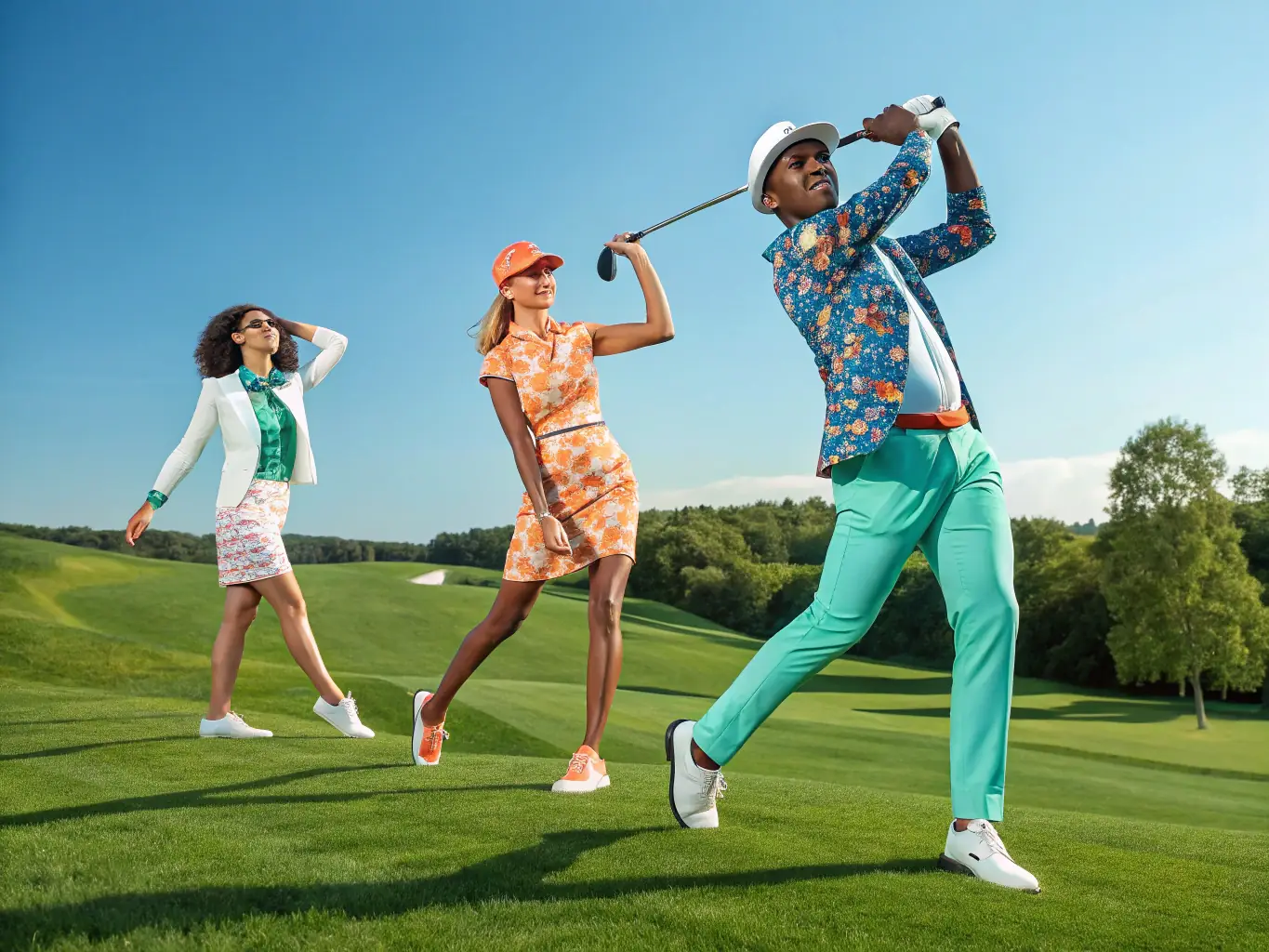A visually appealing display of golf caps, clips, and grips arranged on a golf course backdrop, emphasizing their style and functionality.
